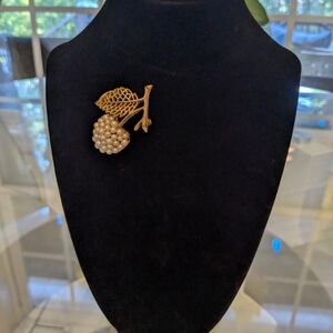 Crown Trifari Gold Leaf and Pearl Cluster Brooch